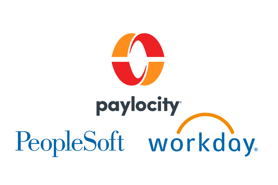 3 HR platform logos: Paylocity, PeopleSoft and Workday - Alchemer Integrates with these platforms